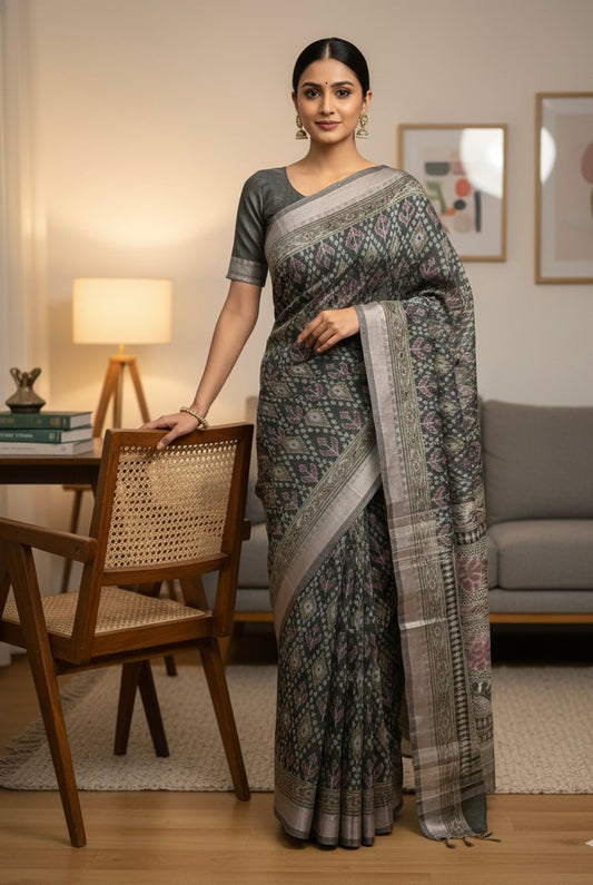 Dark Grey Chanderi Cotton Ikkat Printed Saree