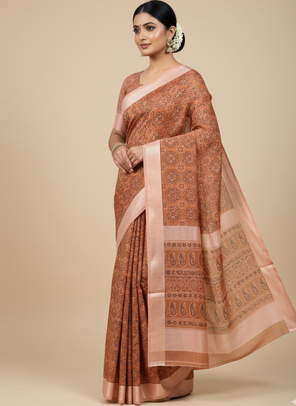 Rust Orange Chanderi Cotton Ajrakh Printed Saree