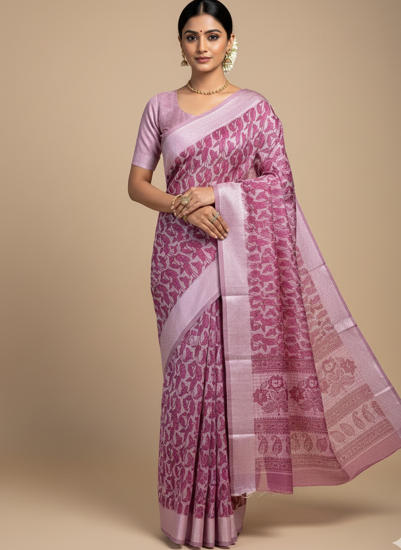 Pink Chanderi Cotton Leaf Printed Saree
