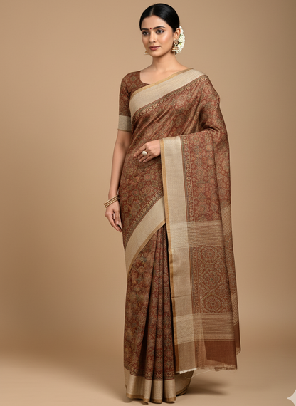 Brown Chanderi Cotton Ajrakh Printed Saree