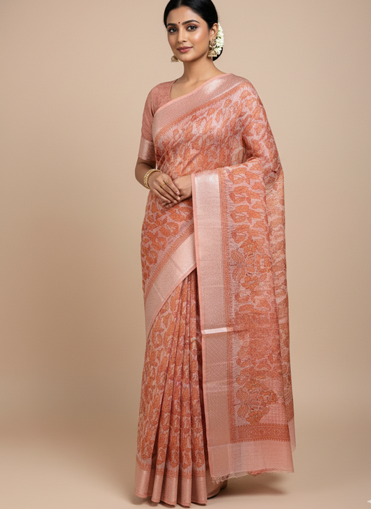 Orange Chanderi Cotton Leaf Printed Saree
