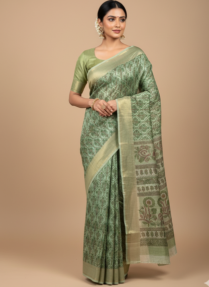 Green Chanderi Cotton Floral Printed Saree