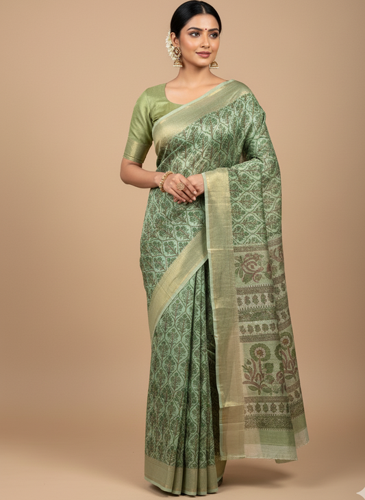 Green Chanderi Cotton Floral Printed Saree