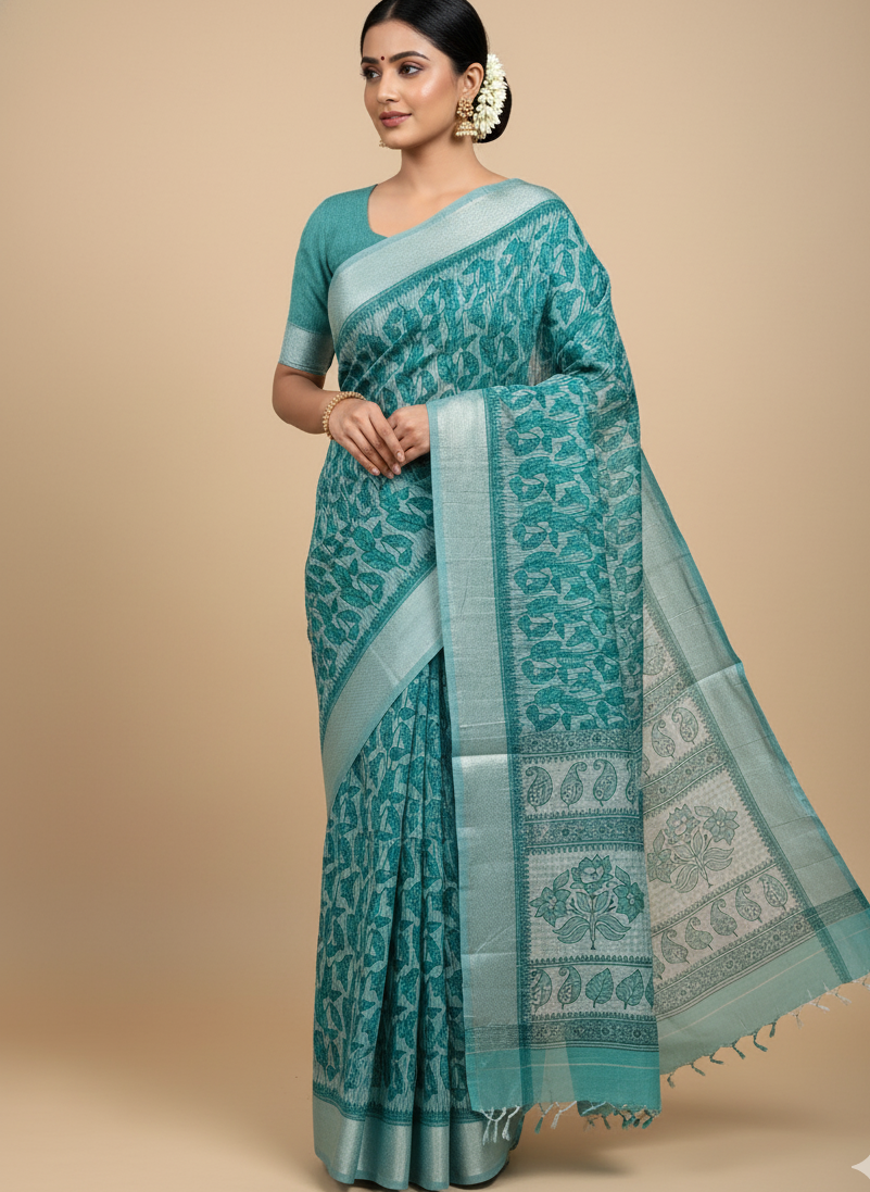 Blue Chanderi Cotton Leaf Printed Saree