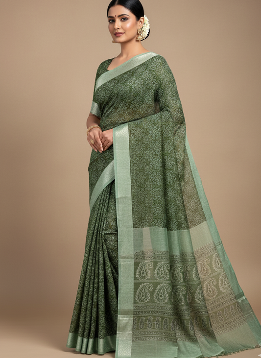 Green Chanderi Cotton Ajrakh Printed Saree