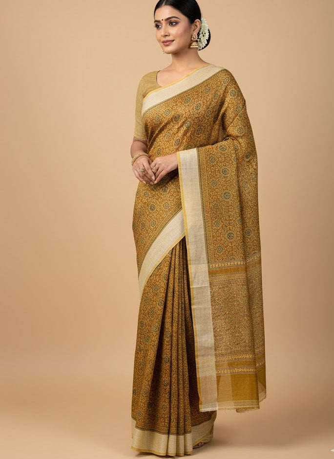 Mustard Chanderi Cotton Ajrakh Printed Saree