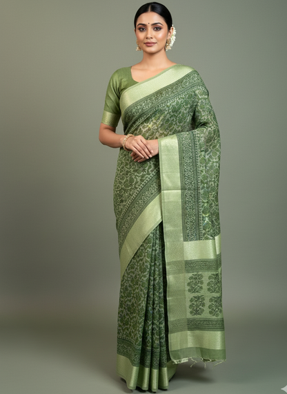 Green Chanderi Cotton Floral Printed Saree