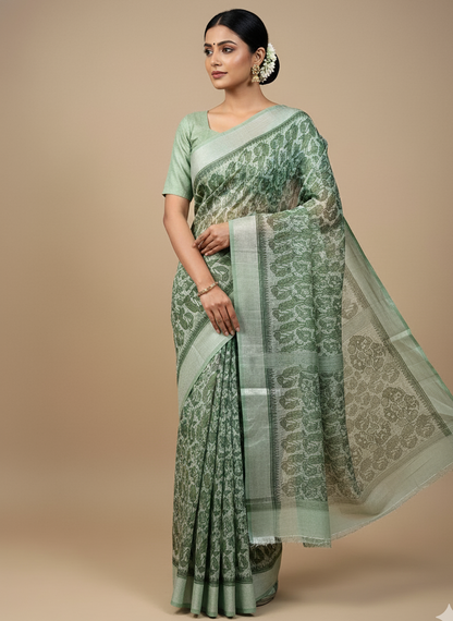 Green Chanderi Cotton Leaf Printed Saree