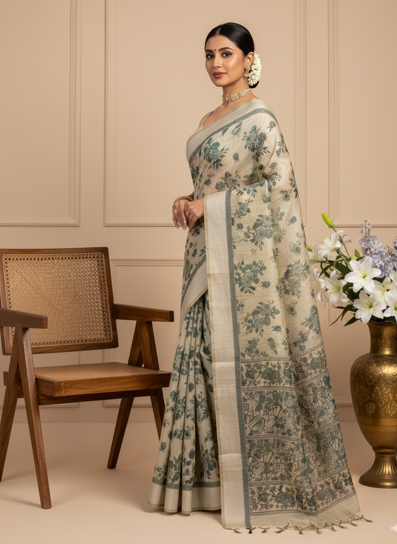 Beige Chanderi Cotton Floral Printed Saree