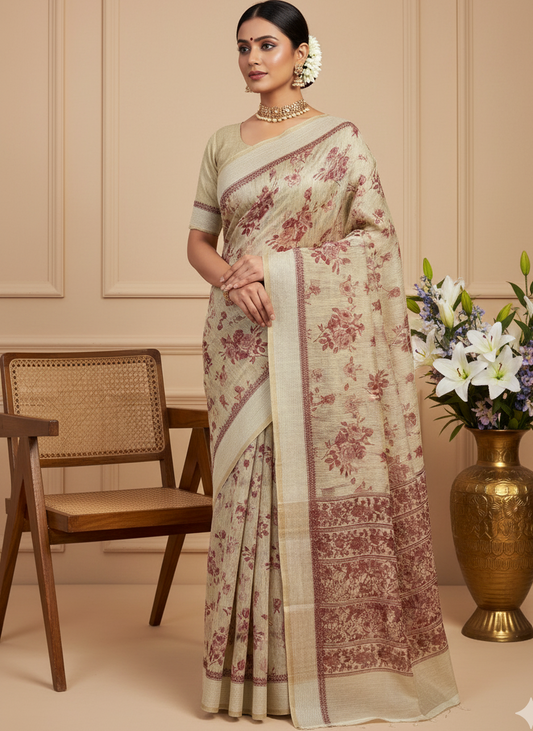 Beige Chanderi Cotton Floral Printed Saree