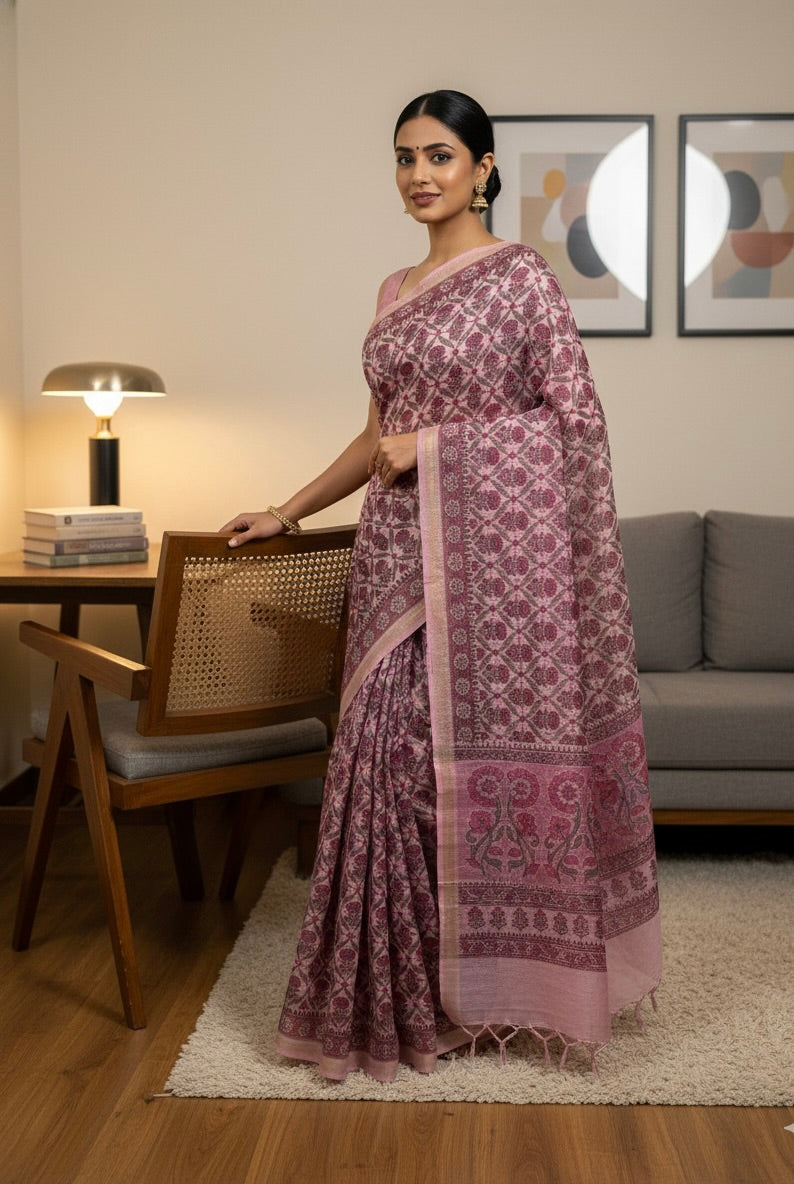 Pink Chanderi Cotton Floral Printed Saree
