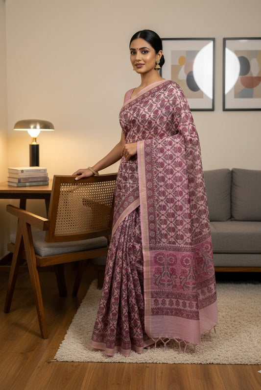 Pink Chanderi Cotton Floral Printed Saree
