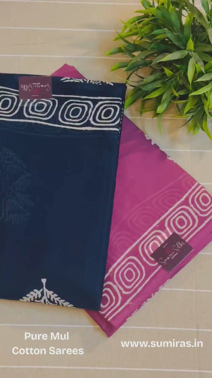 Purple Pure Mul Cotton Hand Block Printed Saree