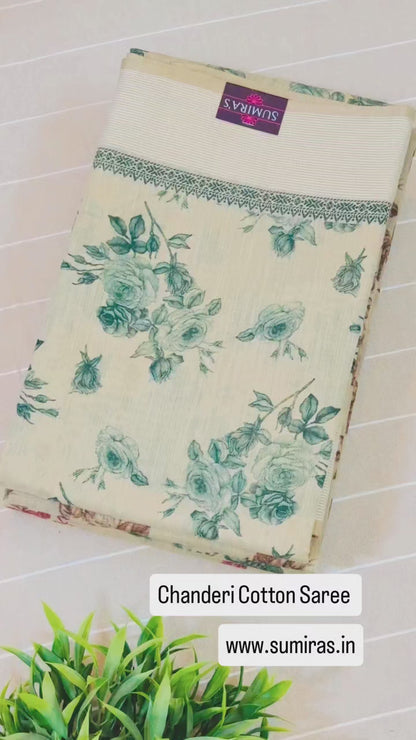 Beige Chanderi Cotton Floral Printed Saree