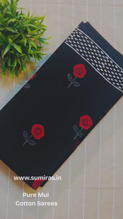 Black Pure Mul Cotton Hand Block Printed Saree