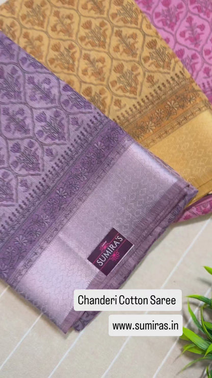 Pink Chanderi Cotton Floral Printed Saree
