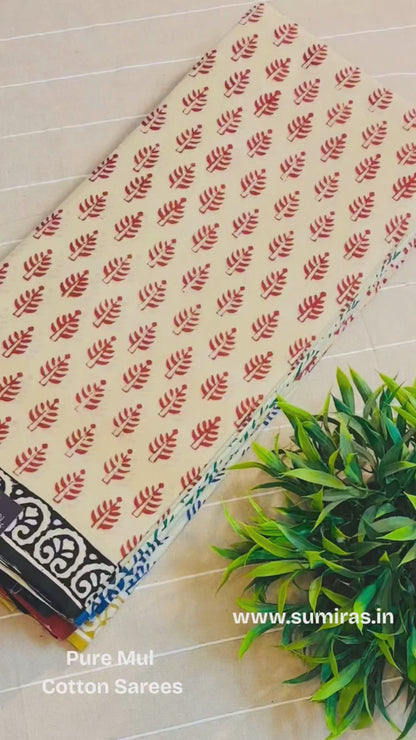 Beige Pure Mul Cotton Hand Block Printed Saree