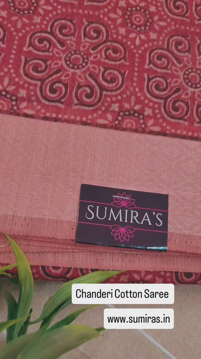 Rust Orange Chanderi Cotton Ajrakh Printed Saree