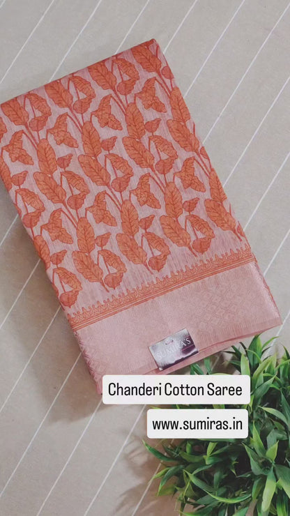 Green Chanderi Cotton Leaf Printed Saree